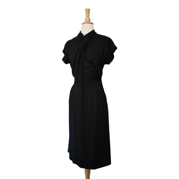 Vintage 50s Film Noir Ruched Shawl Neck Crochet Center Black Deco Dress - Picture 7 of 10